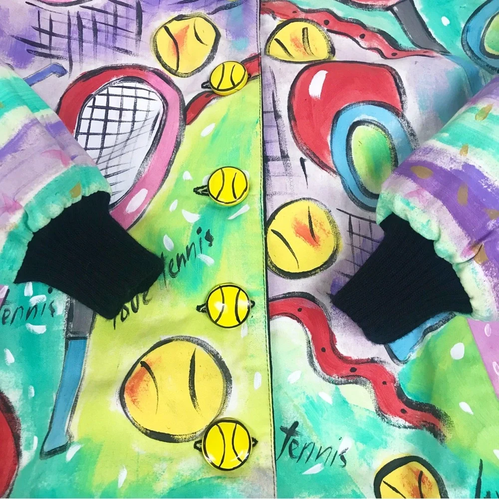 VINTAGE Hand Painted Bomber Jacket Tennis Wearable Art Artsy 80s 90s Size Small - Picture 9 of 15